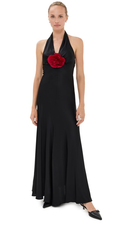 Rodarte Black Silk Satin Halter Dress with Silk Flower Pin Black