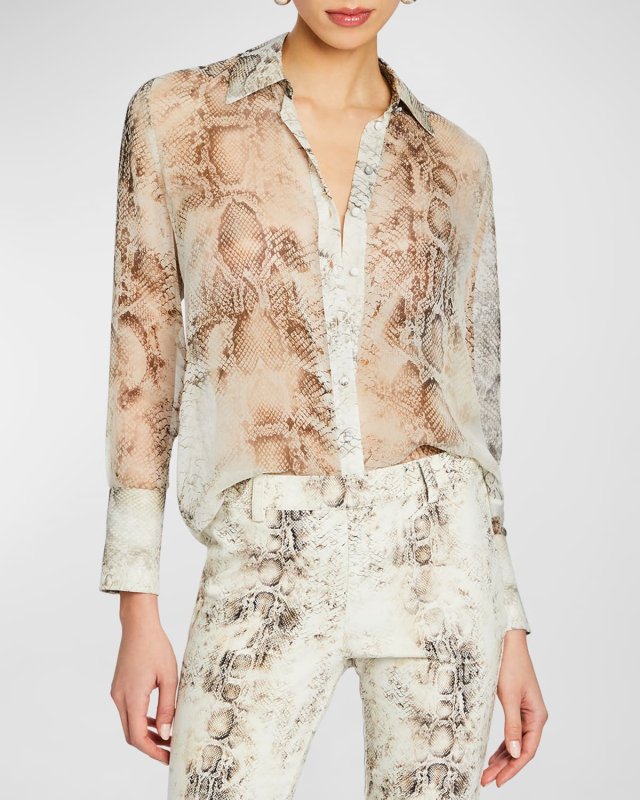 Milena Sheer Silk Snake-Print Button-Front Blouse