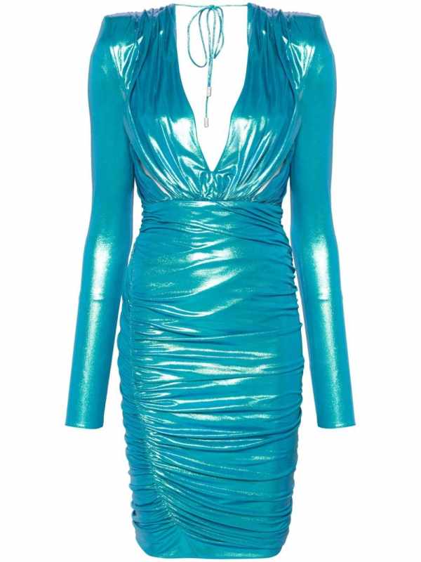 laminated-finish ruched midi dress