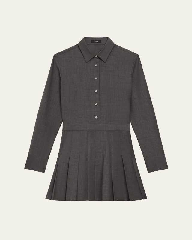 Pleated Wool Suiting Long-Sleeve Mini Shirtdress