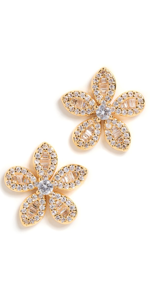 By Adina Eden Pave Cubic Zirconia x Baguette Flower Stud Earrings Gold