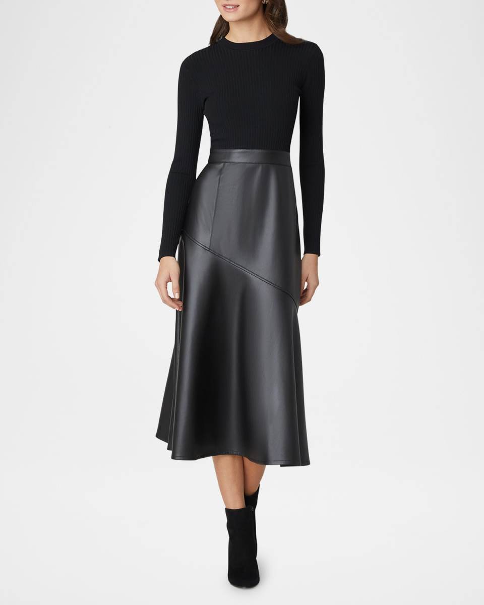 Lonnie Ribbed Knit & Faux Leather Midi Dress