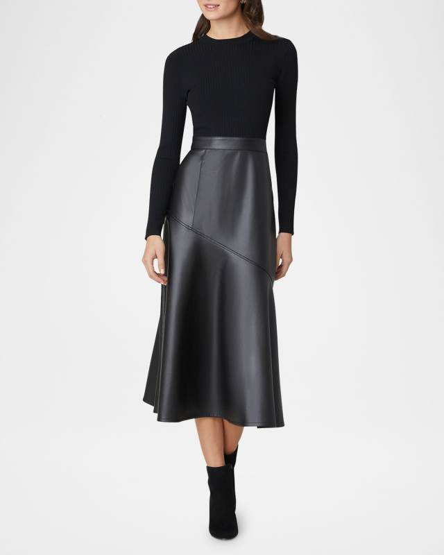 Lonnie Ribbed Knit & Faux Leather Midi Dress