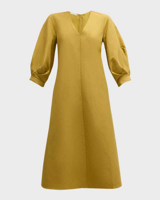 Blouson-Sleeve Silk-Linen Midi Dress