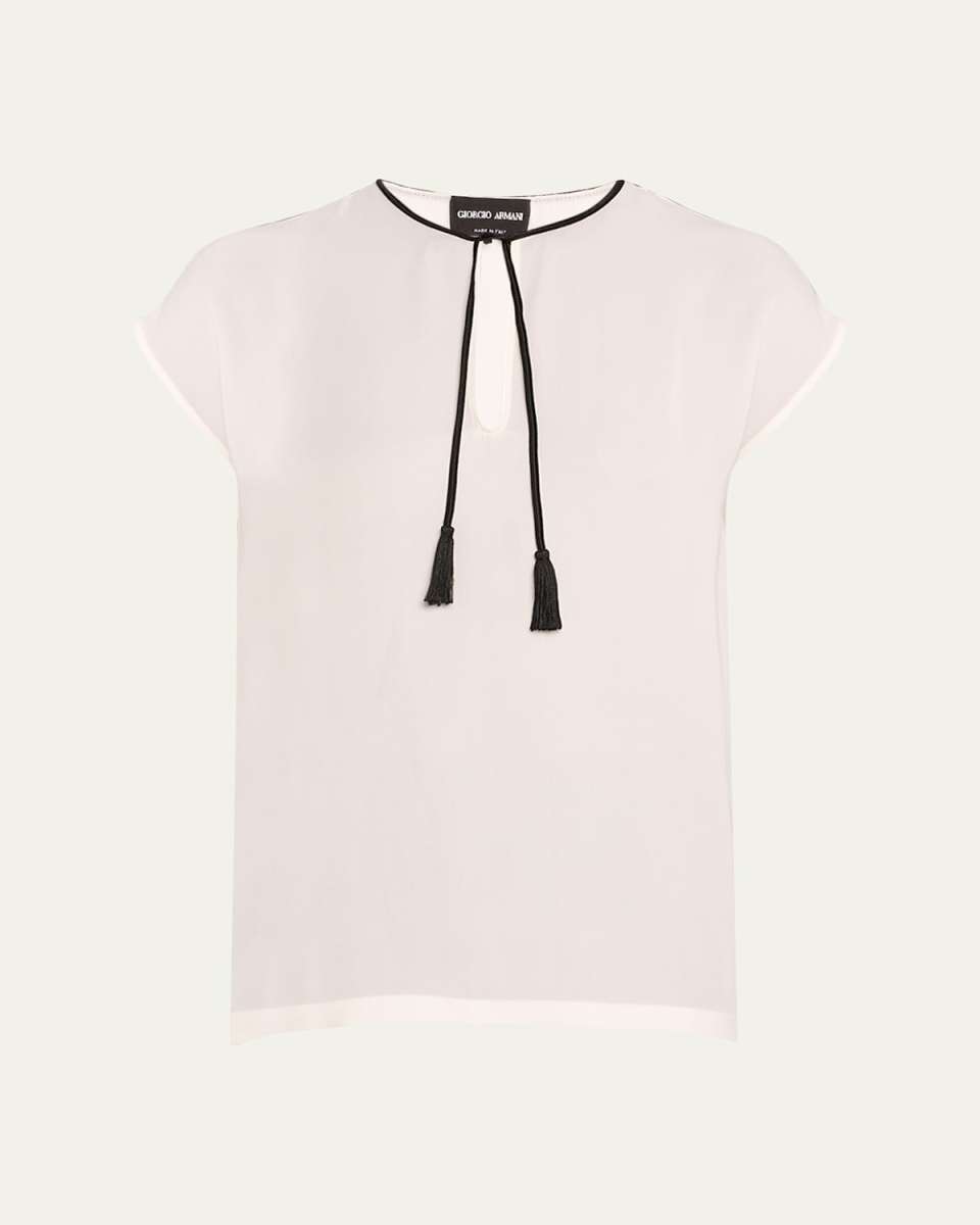 Silk Georgette Short Blouse with Tie Neck Detail