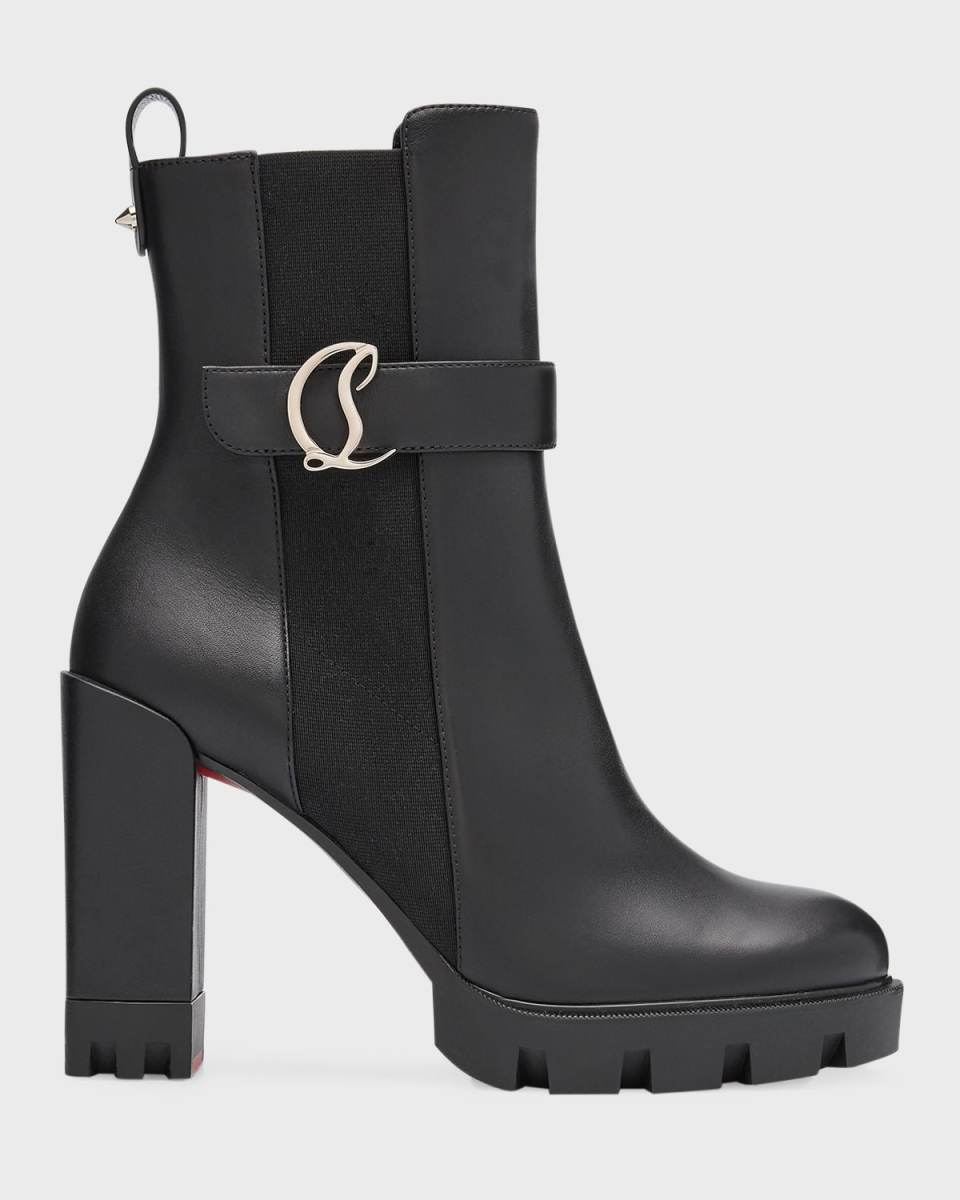 Leather Buckle Red Lug Sole Chelsea Booties