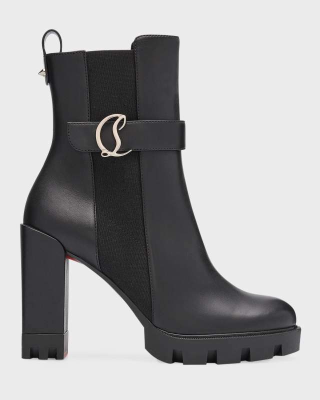 Leather Buckle Red Lug Sole Chelsea Booties