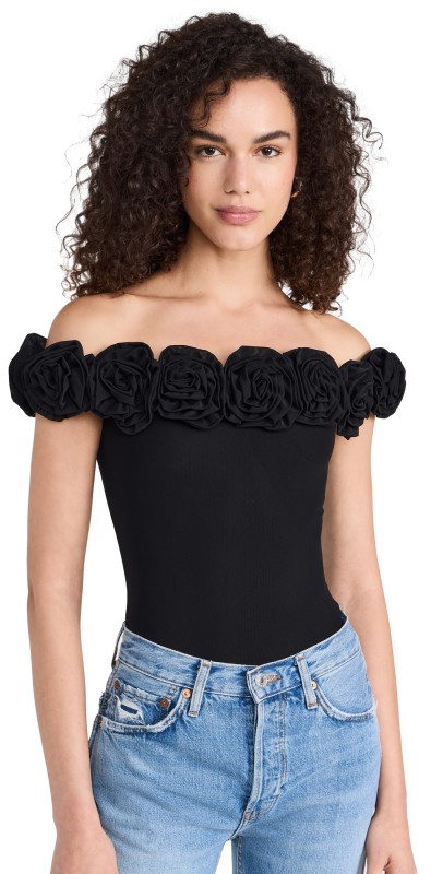 AFRM Solange Rosette Off Shoulder Thong Bodysuit Noir