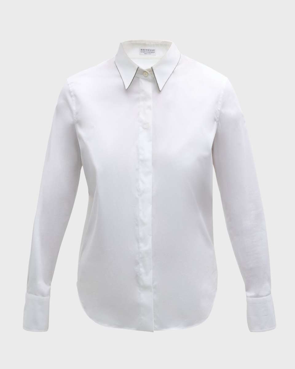 Cotton Poplin Button-Front Top with Monili Tri