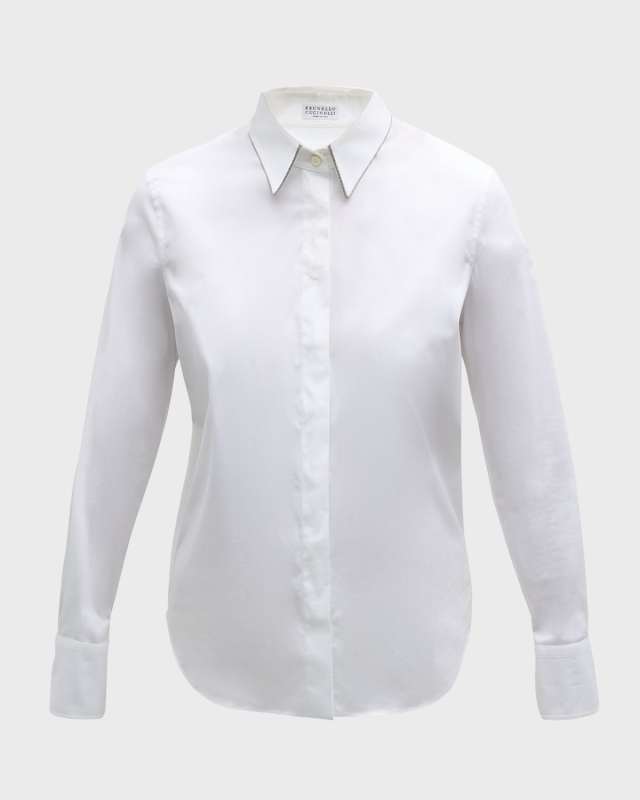 Cotton Poplin Button-Front Top with Monili Tri