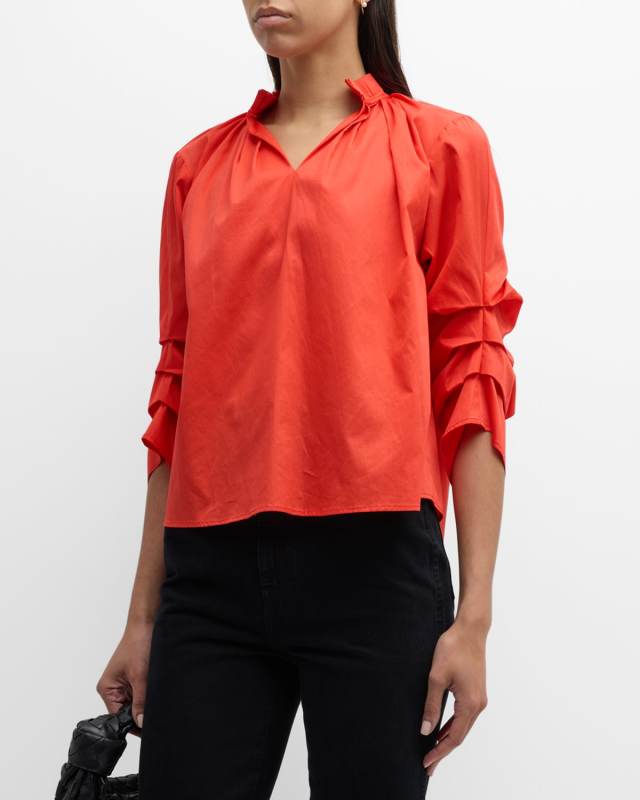 Kieran Ruched-Sleeve Cotton Blouse