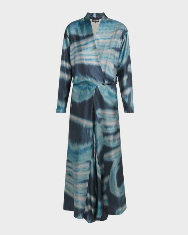 Abstract-Print Silk Long-Sleeve Maxi Wrap Dress