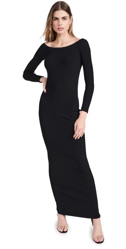 Good American Shine Rib Off Shoulderaxi Dress Black001