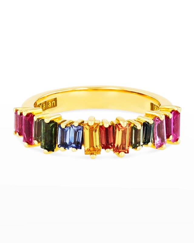 18k Rainbow Sapphire Baguette Half-Band Ring Size 4-8