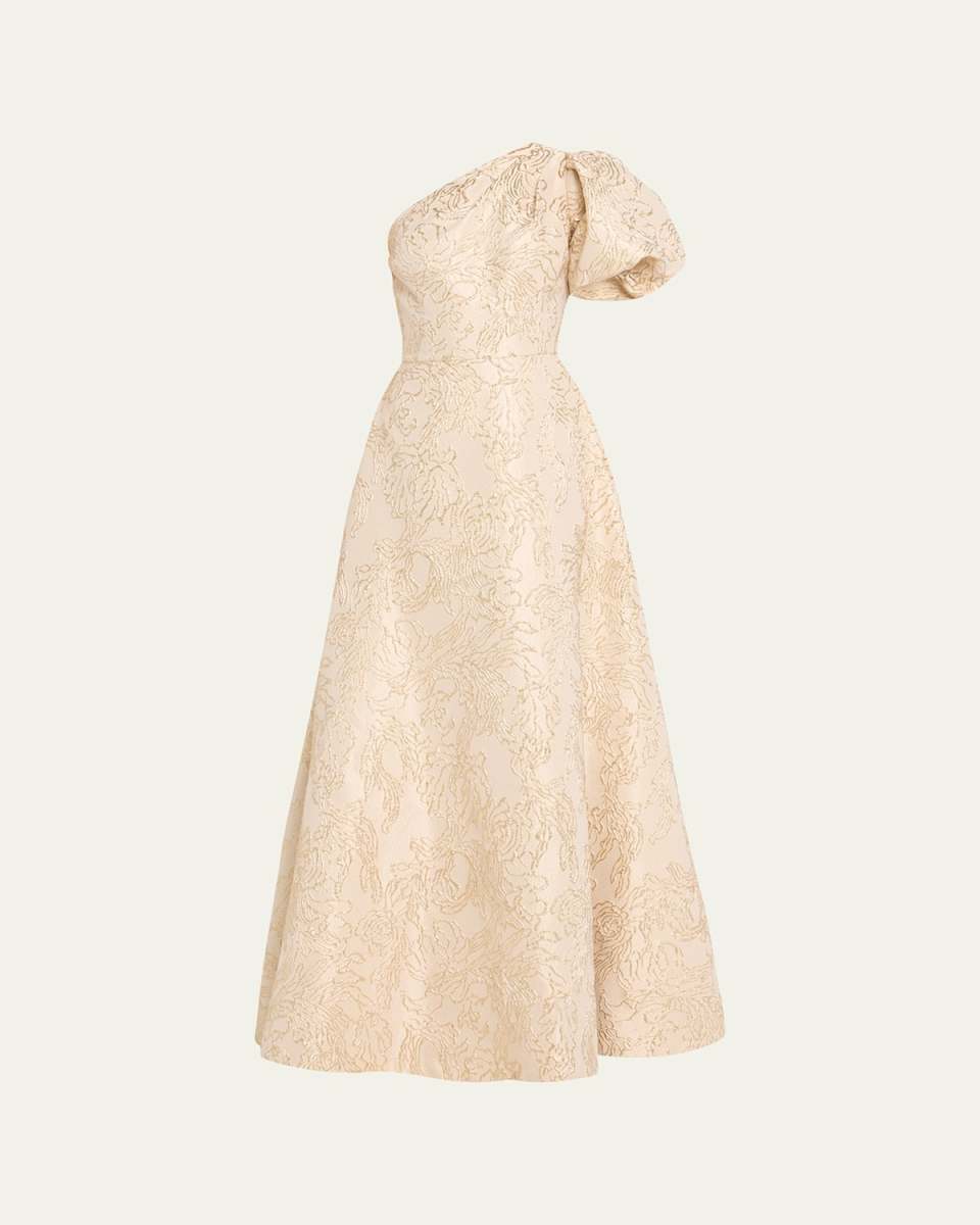 One-Shoulder A-Line Metallic Jacquard Gown