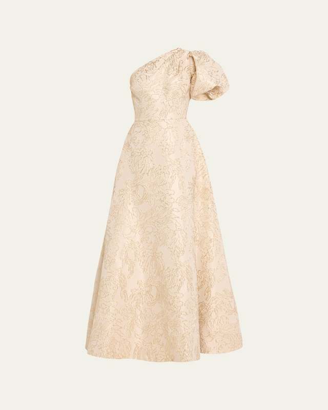 One-Shoulder A-Line Metallic Jacquard Gown
