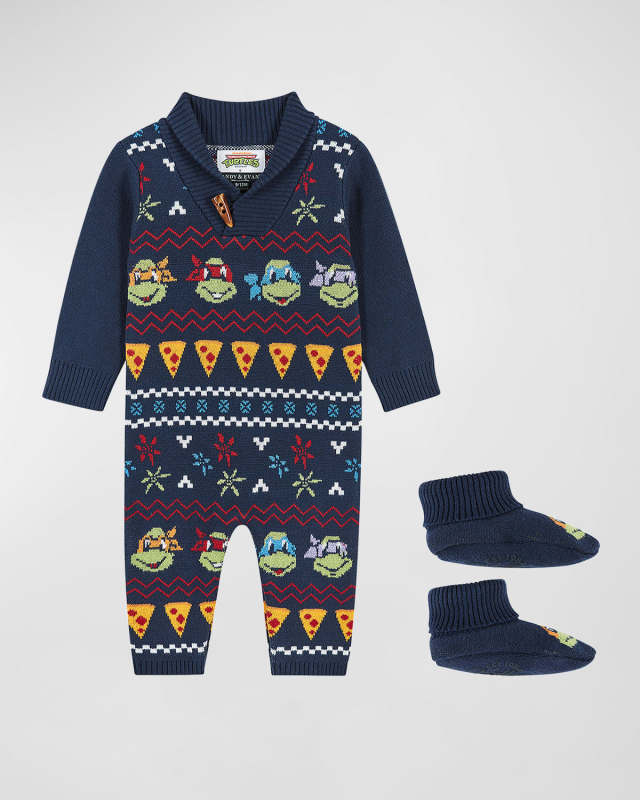 x TMNT Boy's Fair Isle Icon Sweater Romper, Size Newbor