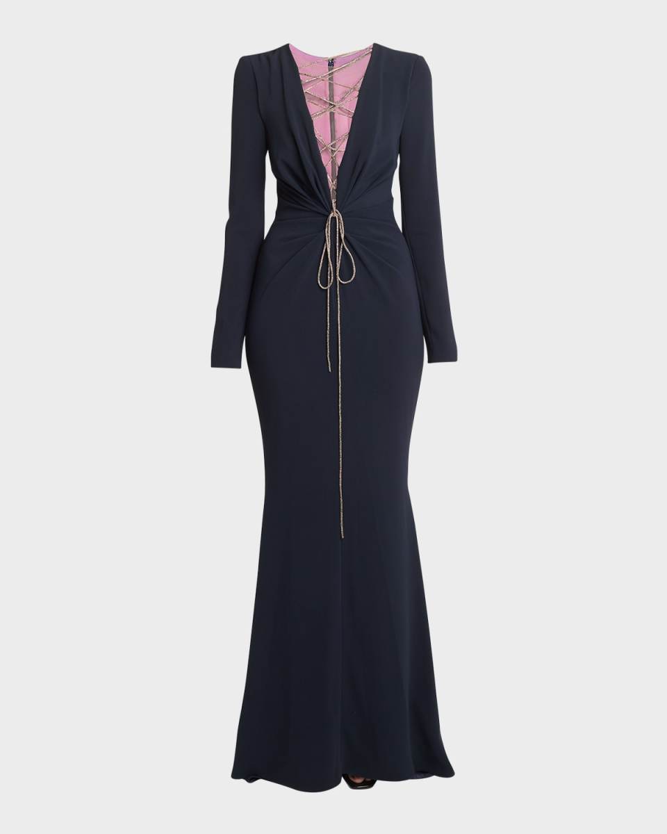 Lace-Up Plunging Long-Sleeve Cady Trumpet Gown