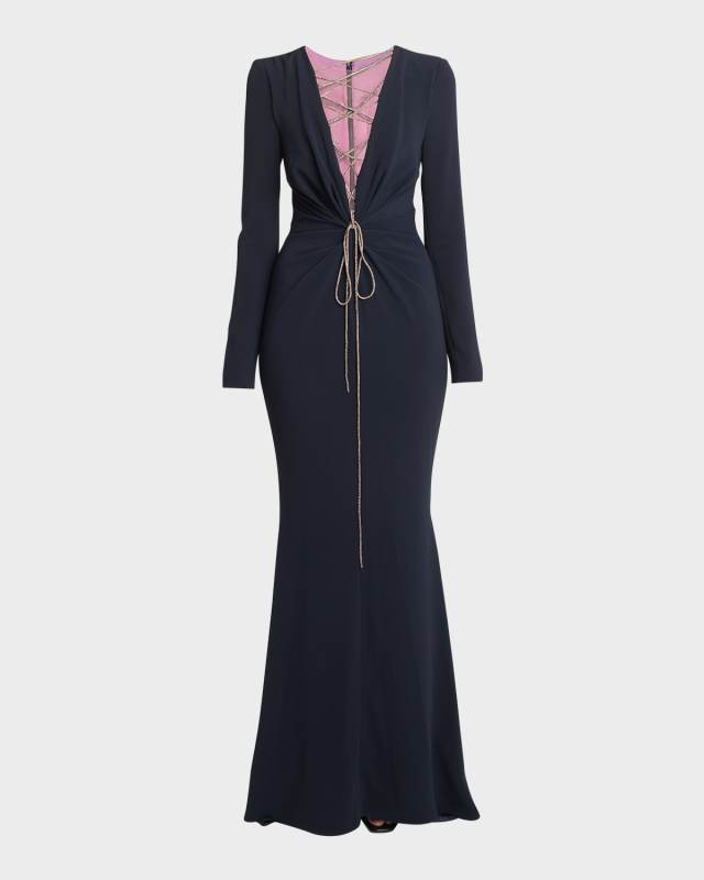 Lace-Up Plunging Long-Sleeve Cady Trumpet Gown