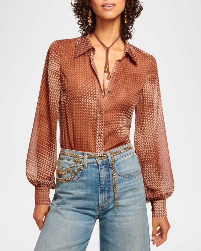Polly Geometric Button-Front Blouse