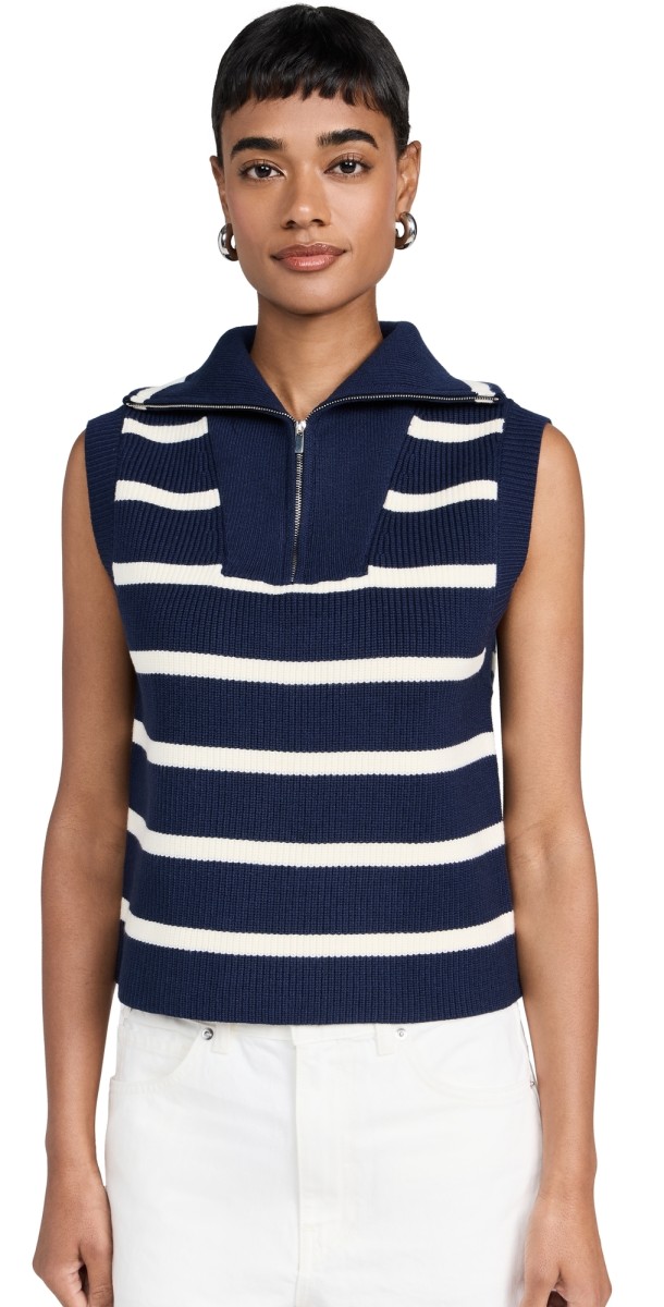 English Factory Striped Half-Zip Knit Vest Ivory/Powder Blue