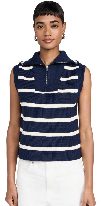 English Factory Striped Half-Zip Knit Vest Ivory/Powder Blue