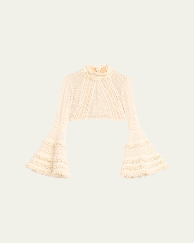 Woven Bell-Sleeve High-Neck Crop Top