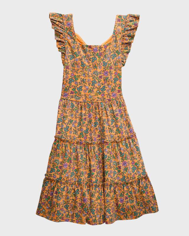 Girl's Micro Floral-Print Ruffle Dress, Size S-XL