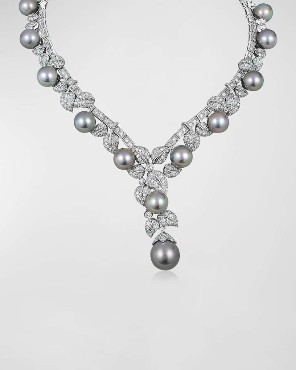 18K White Gold Diamond and Tahitian Pearl Y Necklace