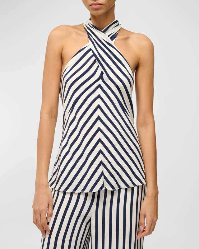 Dawn Tie-Neck Striped Crossover Halter Top