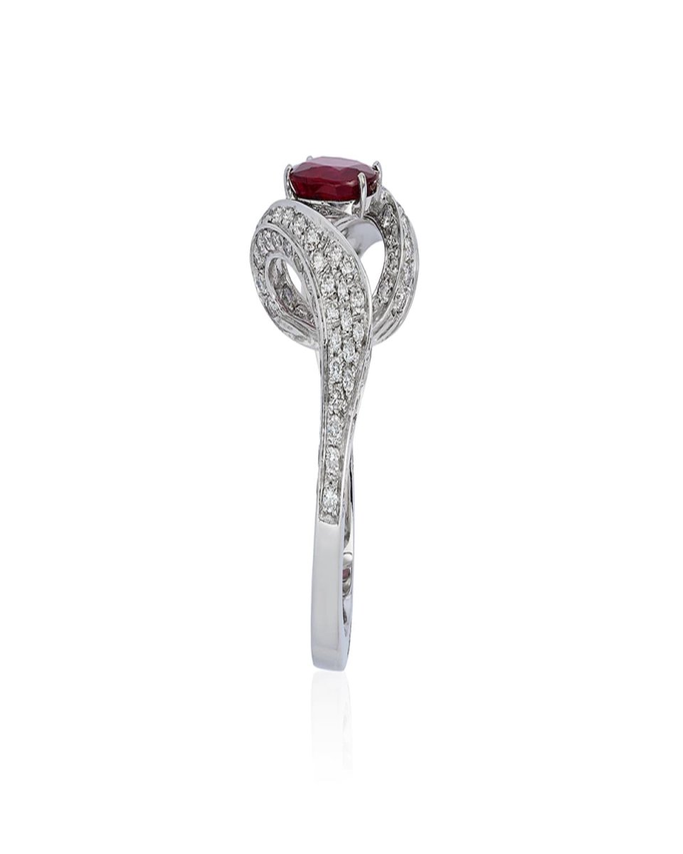 18K White Gold Slanted Ruby Ring with Diamonds, Size 7