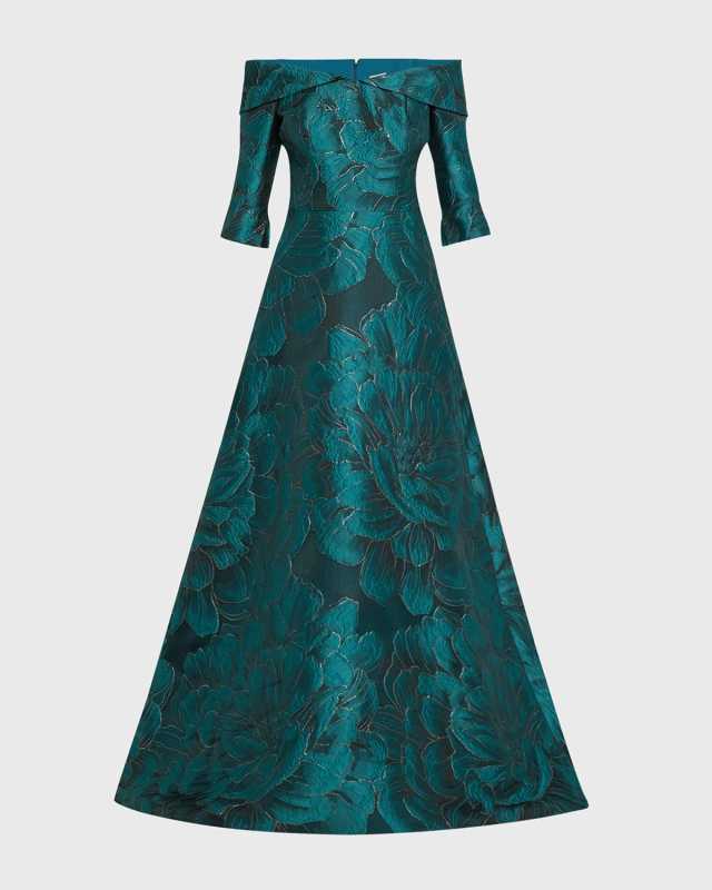 Off-Shoulder Floral Jacquard Gown