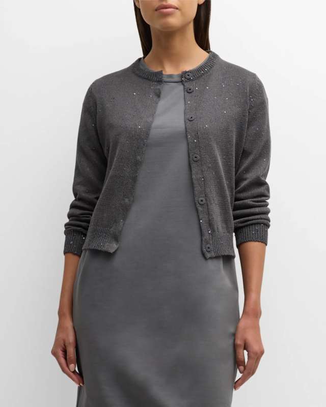 Silk Linen Cropped Cardigan with Paillette Detail