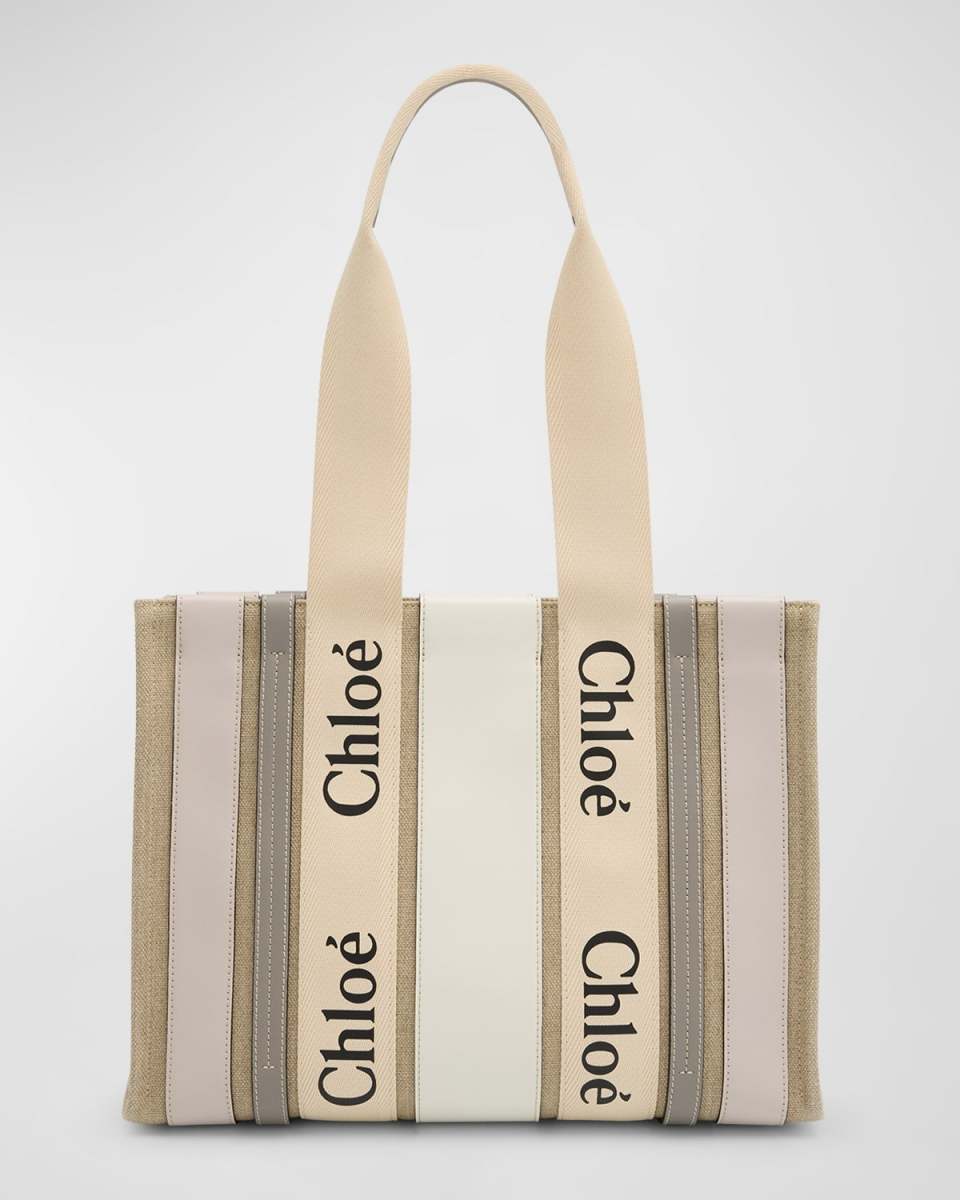 x High Summer Woody Medium Tote Bag in Striped Linen and Leather
