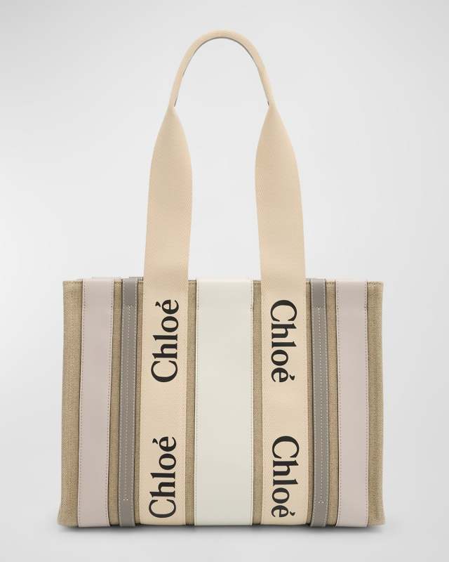 x High Summer Woody Medium Tote Bag in Striped Linen and Leather
