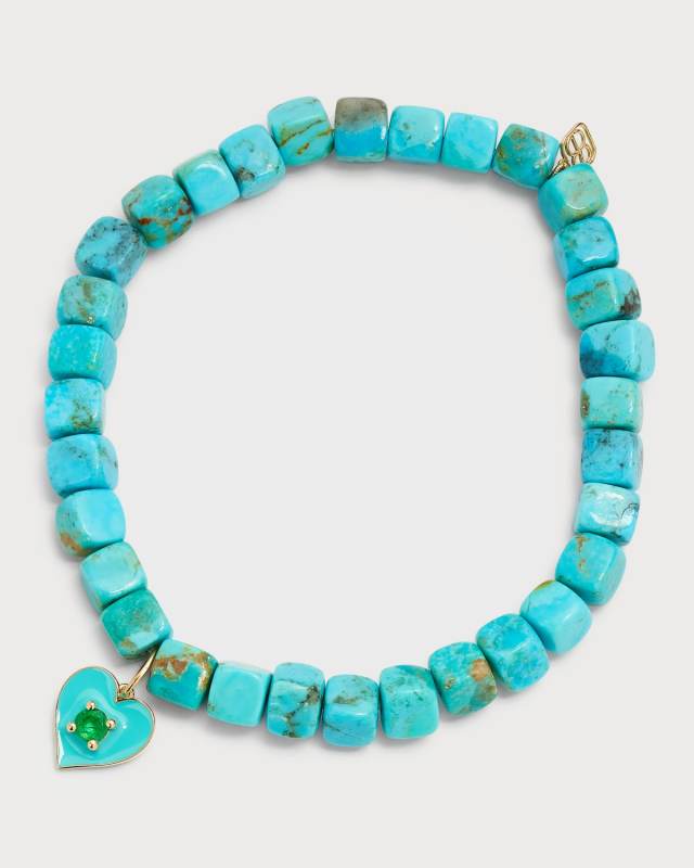 Enamel Heart with Prong-Set Stone on Turquoise Smooth Cube Bracelet