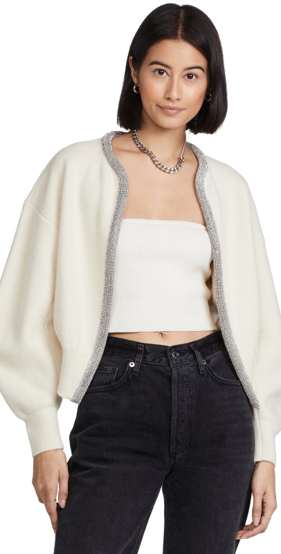 Alexander Wang Cropped Cardigan with Crystal Tubular Neckline Ivory