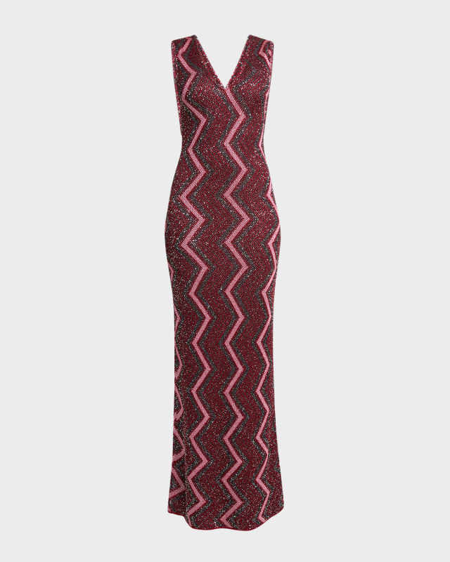 Metallic Chevron Paillette Knit Sleeveless Maxi Dress