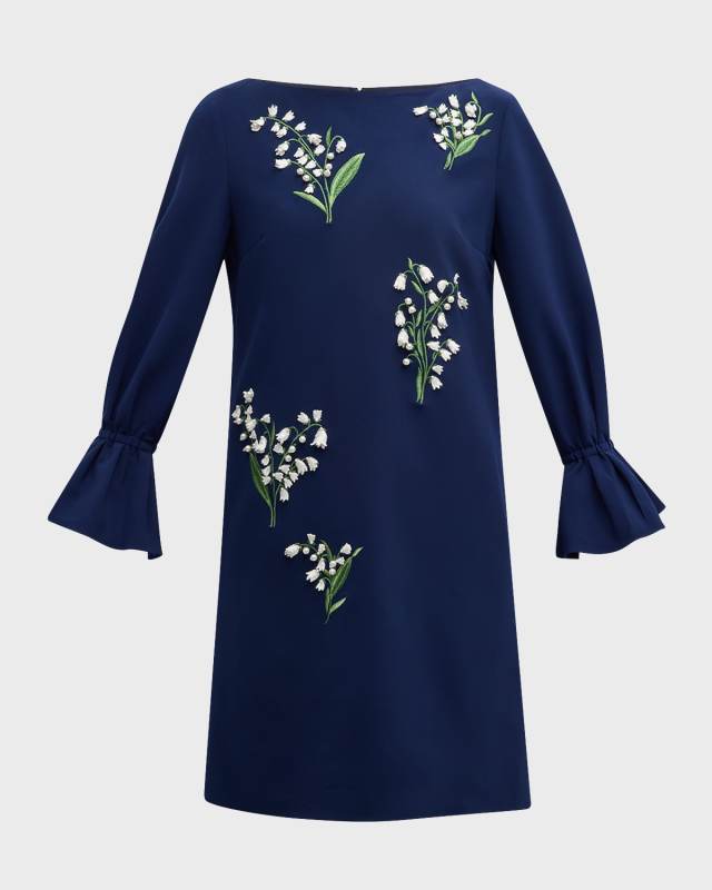 Embroidered Shift Dress with Flutter Sleeves