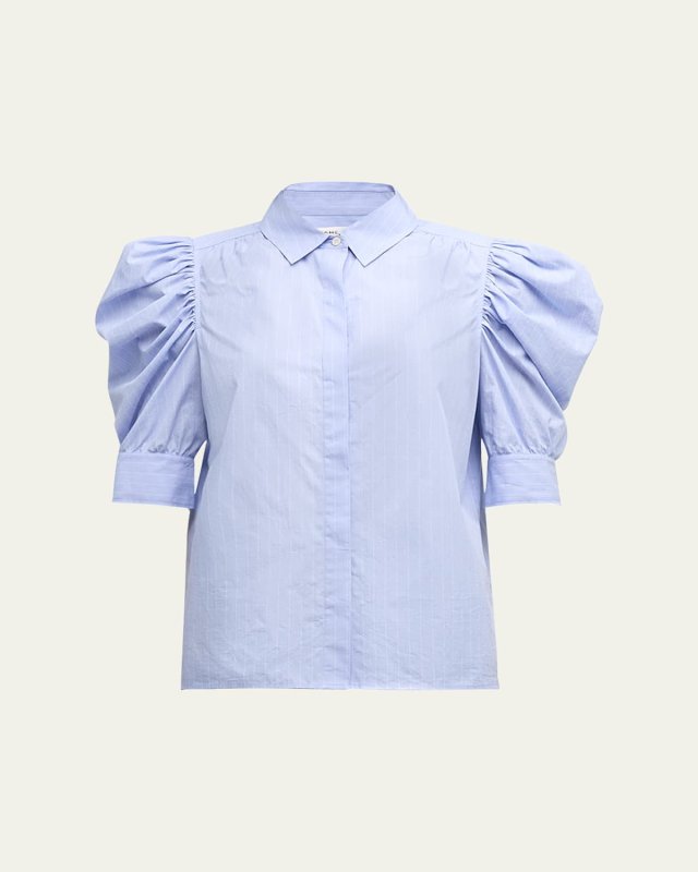 Pinstripe Ruched Puff-Sleeve Shirt