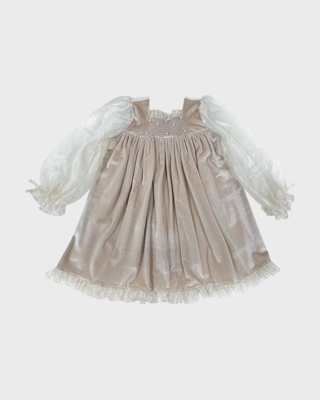 Girl's Helena Organza-Sleeve Velour Dress, Size 12M-8