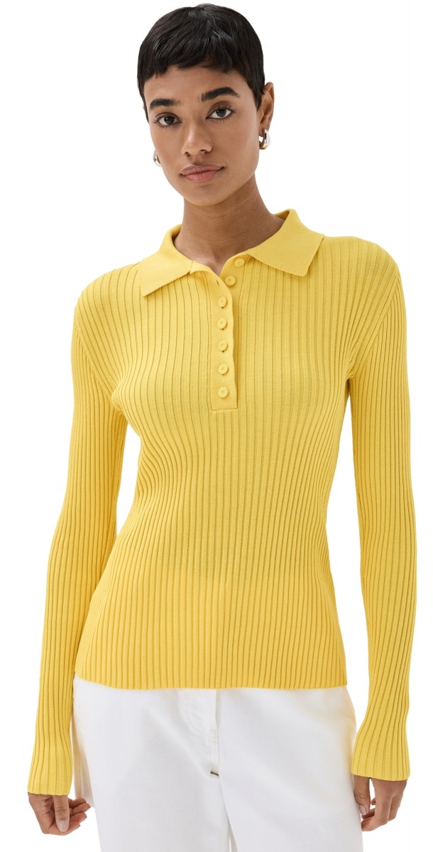 Another Tomorrow Ribbed Knit Polo Bright Chartreuse