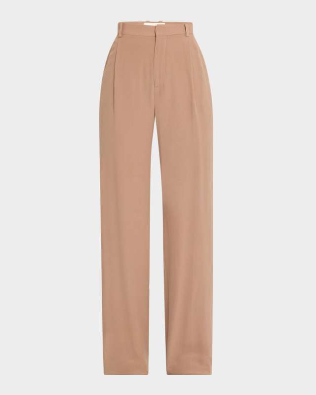 Pleated Straight-Leg Silk Suiting Trousers