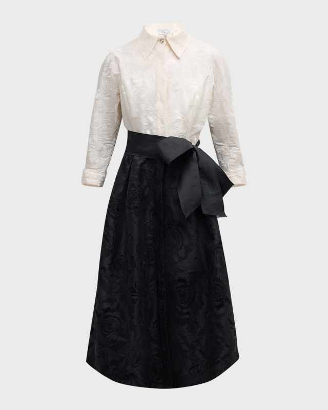 Floral-Embroidered Taffeta Midi Shirtdress