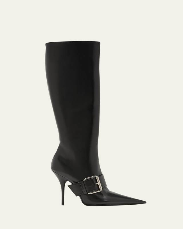 Leather Buckle Stiletto Knee Boots
