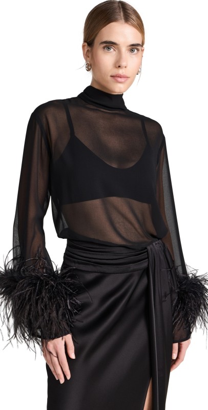 LAPOINTE Lightweight Georgette High Neck Top with Ostrich Black