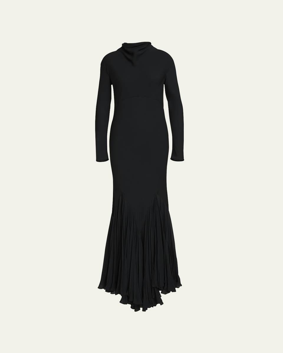 Metin Cowl-Neck Long-Sleeve Pleated Mermaid Gown