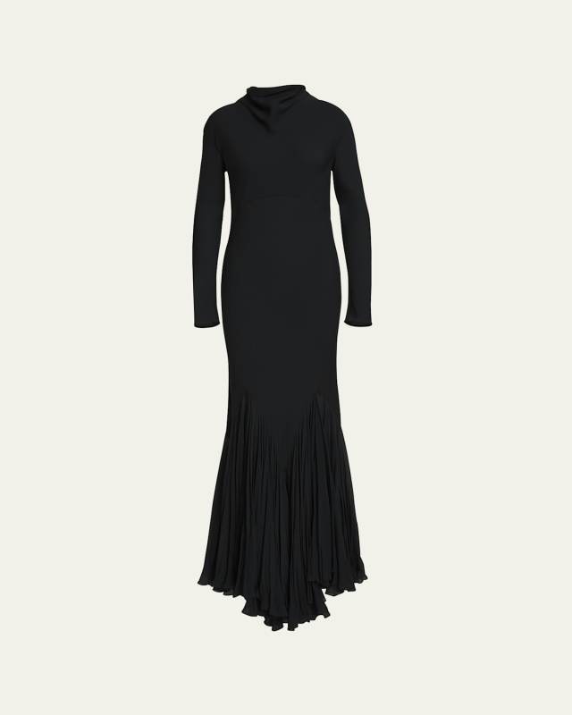 Metin Cowl-Neck Long-Sleeve Pleated Mermaid Gown