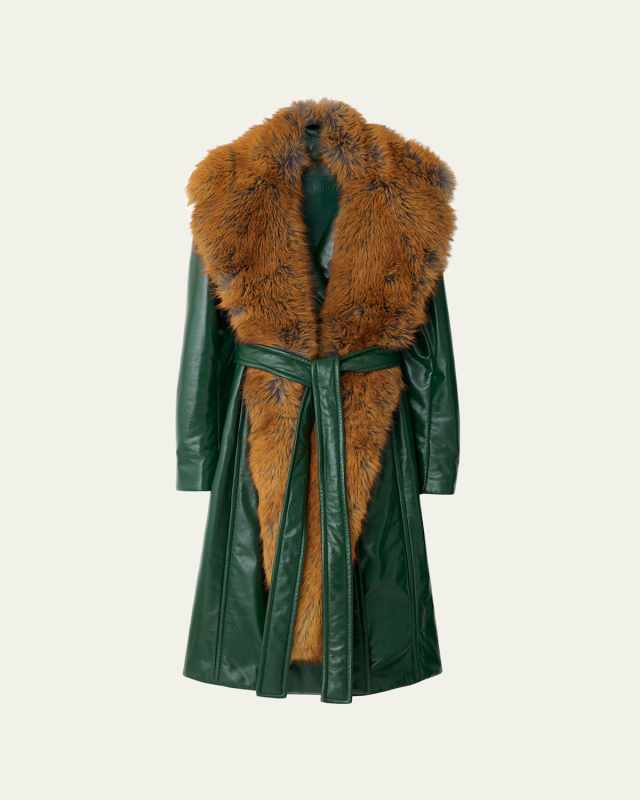 Belted Leather Trench Coat with Faux Fur Scarf