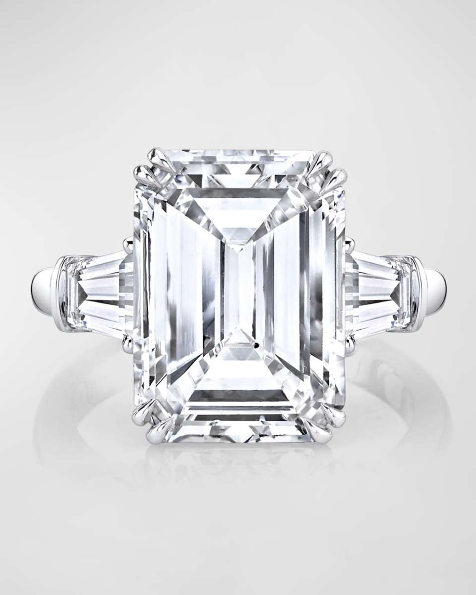 Platinum 3 Stone Diamond Ring with White Emerald Cut Center and Tapered Baguette Sides, Size 6.5, 17.14tcw